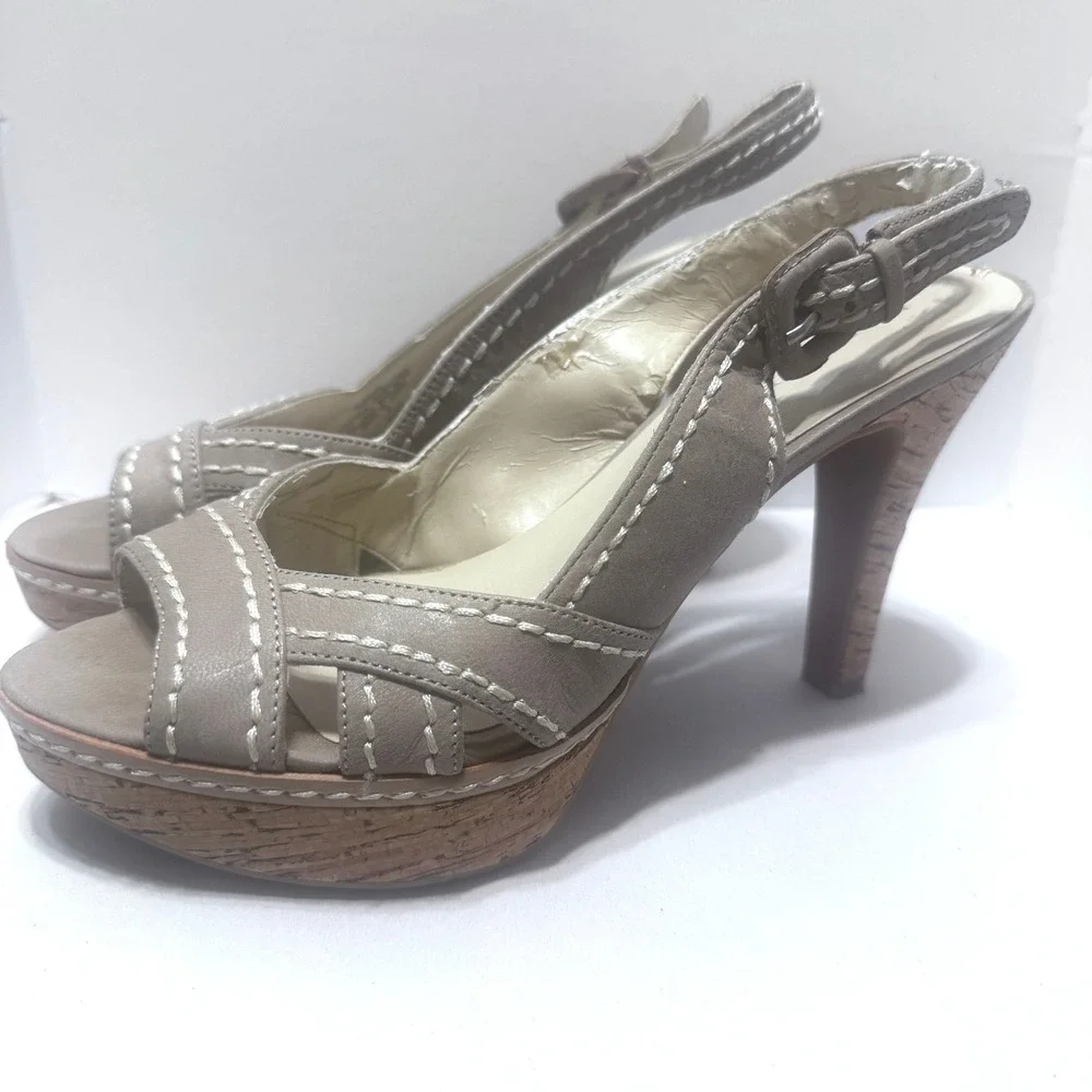 Nine West Pokero Taupe Leather Cork Slingback Heels tan leather 7.5 Boho Y2K